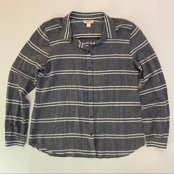 LOFT button down navy stripe blouse size Large - Picture 2 of 5